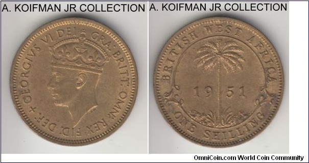 KM-28, 1951 British West Africa shilling; tin-brass, seciruty edge; George VI, last type, another Royal mint issue in uncirculated or about condition, some toning started to set into it, mostly on reverse.