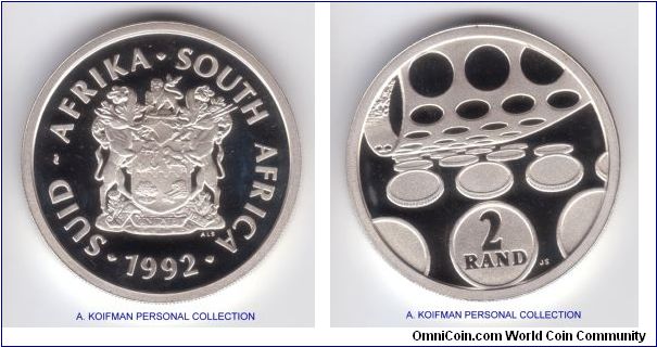 KM-145, 1992 South Africa 2 rands, Coin Minting; proof, silver, reeded edge, mintage of 6,688