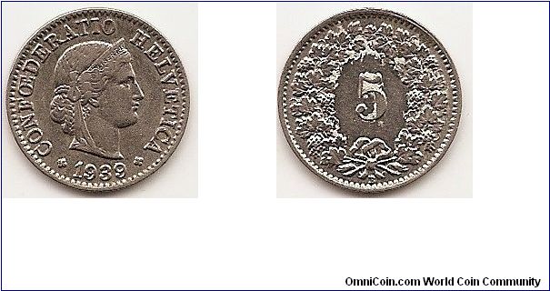 5 Rappen
KM#26b
Nickel, 17.1 mm. Obv: Crowned head right Rev: Value within wreath Edge: Plain