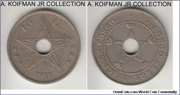 KM-18, 1911 Belgian Congo 10 centimes; copper nickel, plain edge; Albert I, overall toned almost uncirculated.