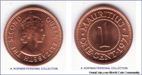 KM-31, 1971 Mauritius cent; bronze, plain edge; brillian uncirculated, full strike, really nice from someone's self made set which obviously preserved most of the full red luster