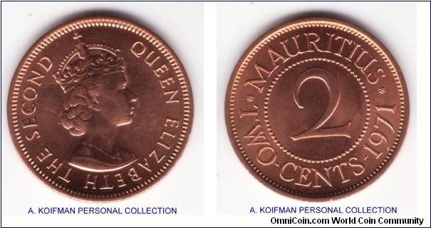 KM-32, 1971 Mauritius 2 cents; bronze, plain edge; brilliant red, few small spots, nice