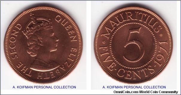 KM-34, 1971 Mauritius 5 cents; bronze, plain edge; bright red uncirculated but with some distinct handling or bag marks