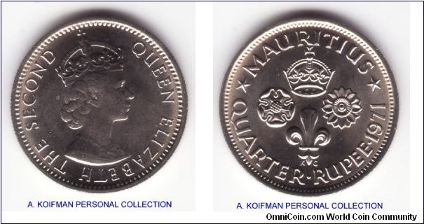 KM-36, 1971 mauritius 1/4 rupee; copper nickel, reeded edge; nice sharp uncirculated