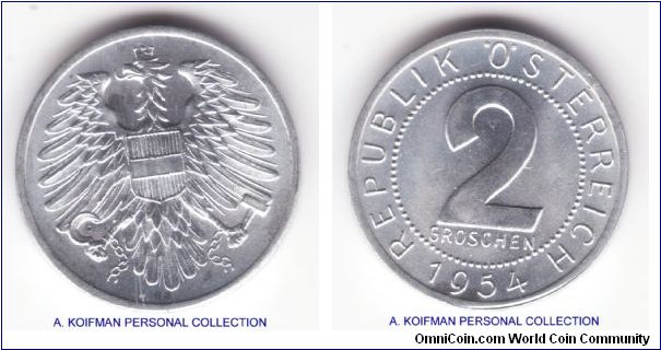 KM-2876, 1954 Austria 2 groschen; aluminum, plain edge; bright uncirculated, dirty spot on obverse