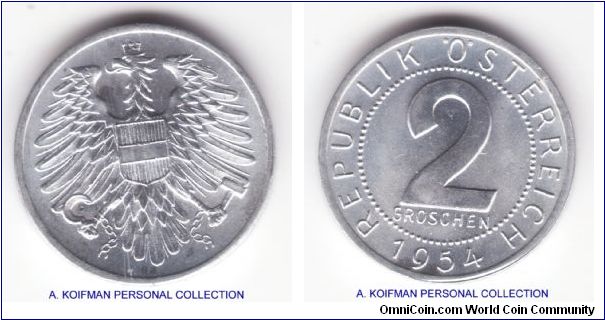 KM-2876, 1954 Austria 2 groschen; aluminum, plain edge; bright uncirculated, dirty spot on obverse