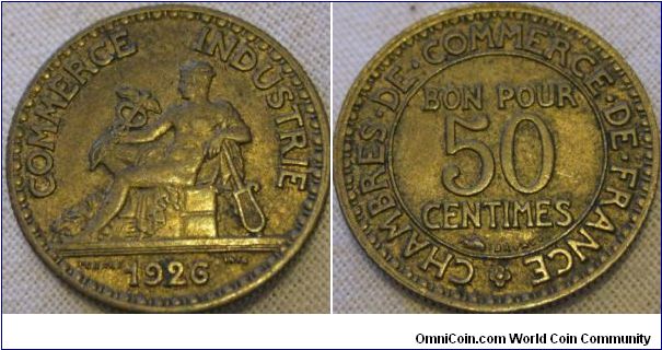1926 50 centimes VF grade some lustre