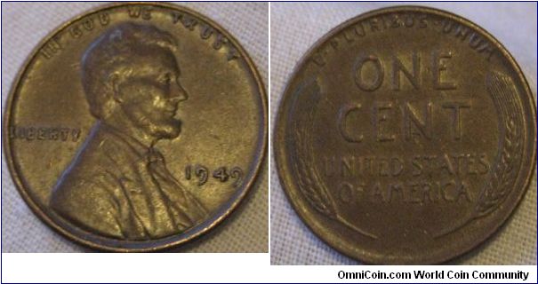EF 1949 1 cent, no lustre but obvious cartwheeling
