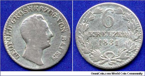 6 kreuzer.
Duchy of Baden.
Duke Leopold I (1830-1852).
Mintage 862,000 units.


Ag375f. 2,23gr.