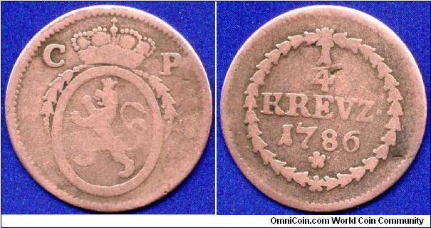 1/4 kreuzer.
Pfalz-Sulzbach.
Karl Theodor (1742-1799).


Cu.