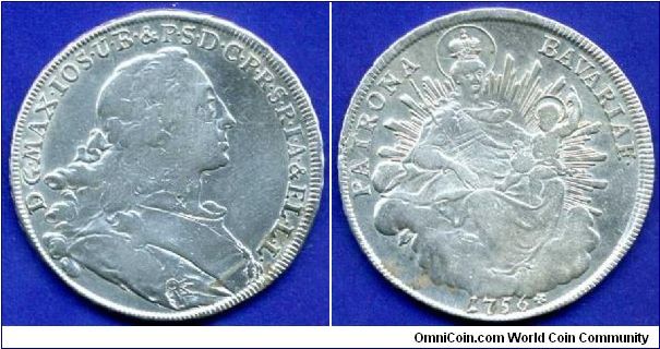 1 Thaler (Madonnenthaler, Madonetta).
Duchy of Bavaria.
Duke Maximilian III Ioseph (1745-1777).
Munich mint.


Ag833f. 28,07gr.