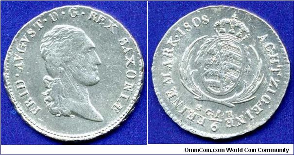 1/6 Thaler.
Kingdom of Saxony.
King Friedrich August I (1806-1836).
'SGH'- Samuel Gottlieb Helbig, work on Dresden mint in 1804-13.


Ag541f. 5,39gr.