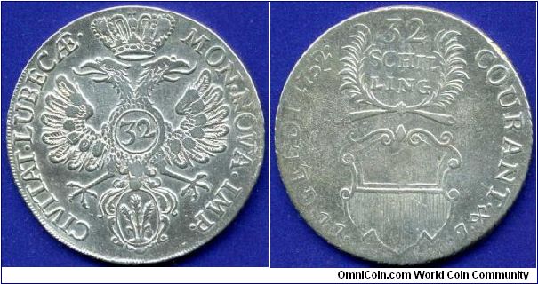 32 schilling (2/3 Thaler, Gulden).
Free City Lubeck.
'JJJ'- Johann Justus Jaster 1727-58.


Ag750f. 18,34gr.