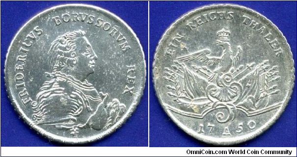 1 Reichsthaler.
Kingdom of Prussia.
Friedrich II (1740-1786), The Great.
'A'- Berlin mint.


Ag750f. 22,27gr.