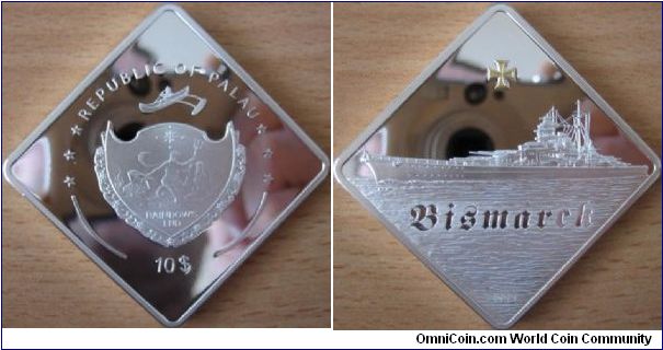 10 Dollars - battleship Bismarck - 62.2 g Ag .999 Proof - mintage 1,000