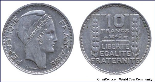 4th French republic, 10 francs, 1942, Cu-Ni, 26mm, 7g.                                                                                                                                                                                                                                                                                                                                                                                                                                                              