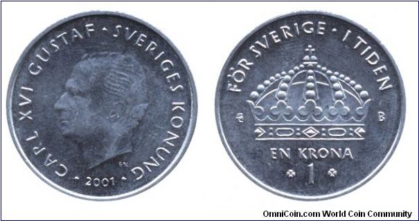 Sweden, 1 krona, 2001, King Carl XVI Gustaf.                                                                                                                                                                                                                                                                                                                                                                                                                                                                        