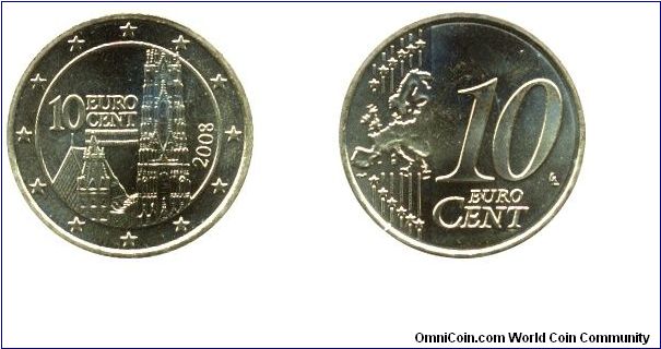 Austria, 10 cents, 2008, Cu-Al-Zn-Sn, 19.75mm, 4.1g, Stephans Dom, new, complete Map of Europe.                                                                                                                                                                                                                                                                                                                                                                                                                     