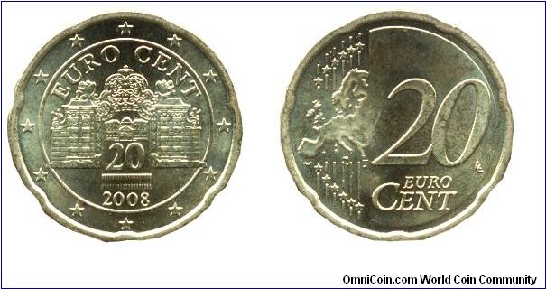 Austria, 20 cents, 2008, Cu-Al-Zn-Sn, 22.25mm, 5.74g, Castle Belvedere, Complete Map of Europe.                                                                                                                                                                                                                                                                                                                                                                                                                     