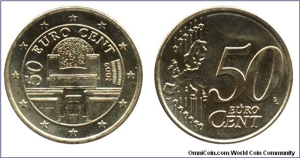 Austria, 50 cents, 2009, Cu-Al-Zn-Sn, 24.25mm, 7.8g, Secession Buidling in Vienna, Complete Map of Europe.                                                                                                                                                                                                                                                                                                                                                                                                          