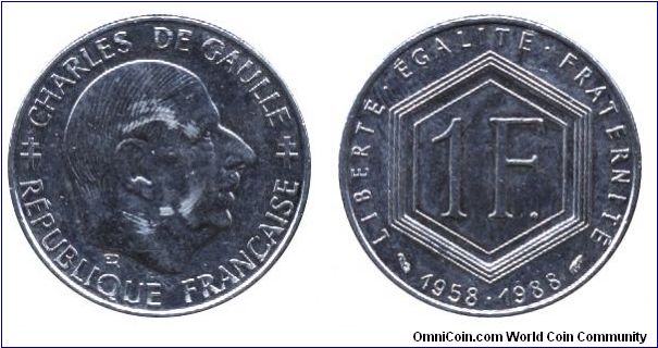 France, 1 franc, 1988, Ni, 24mm, 6g, Charles de Gaulle, 30th anniversary of Fift Republic.                                                                                                                                                                                                                                                                                                                                                                                                                          