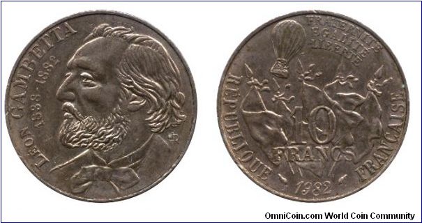 France, 10 francs, 1982, Cu-Ni-Al, 26mm, 10g, Leon Gambetta, 1838-1882.                                                                                                                                                                                                                                                                                                                                                                                                                                             