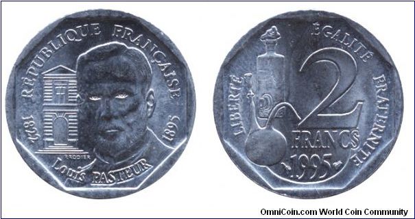 France, 2 francs, 1995, Ni, 26.5mm, 7.5g, Louis Pasteur, 1822-1895.                                                                                                                                                                                                                                                                                                                                                                                                                                                 