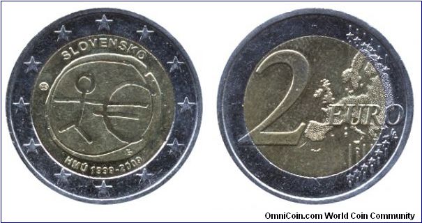 Slovakia, 1 euro, 2009, Cu-Ni-Ni-Brass, 25.75mm, 8.5g, 1999-2009, Ten years of Economic and Monetary Union (EMU) and the birth of the euro.                                                                                                                                                                                                                                                                                                                                                                         