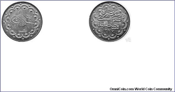 Ottoman Empire: SULTAN V.MEHMED RESAD,SILVER 10 KURUSH 1327, YEAR 5,RESAD TOUGRA