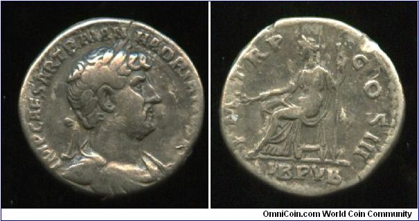Hadrian
Denarius 117-138Ad
IMP CAESAR TRAIAN HADRIANVS AVG, laureate head right
P M TR P COS III, Libertas seated left with branch & scepter LIB PVB in ex