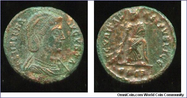 Helena
AE3 328-329Ad 
FL HELENA AVGVSTA, diademed, mantled with necklace bust right 
SECVRITAS REIPVBLICE, Securitas standing left, lowering branch & raising hem of robe with right hand, 
Possibly GSIS in ex (Siscia) ticket says Trier?