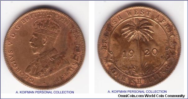 KM-12a, 1920 British West Africa shilling, King Norton's mint (KN mintmark); tin brass, reeded edge; good very fine for wear, some environmental influence starting to settle in :), mintmark is a bit unusual - large wide K and small narrow N, I'll need to look up some more of them.