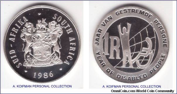 1986 South Africa rand; proof, silver, reeded edge; Year of Disabled People commemorative, one of the earlier thematic SA mint issues - mintage 5,150.
