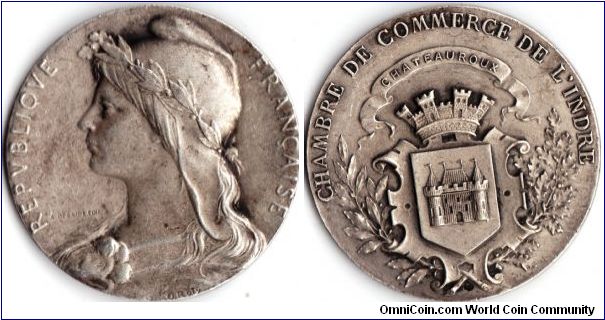 Silver medal (33mm) engraved by Louis Oscar Roty. This one struck for the 'Chambre de Commerce de L'Indre'