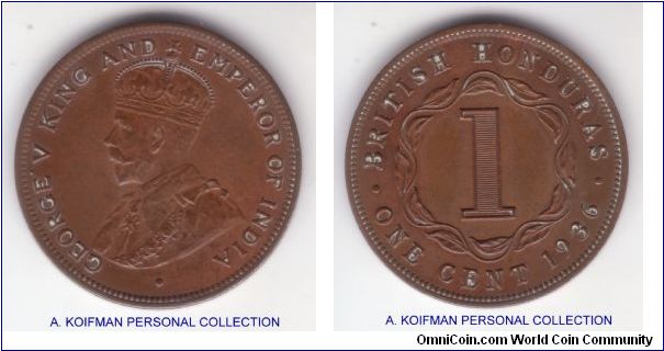 KM-19, 1936 British Honduras cent; bronze, plain edge; extra fine to about uncirculated, no visible wear even at the wreath on reverse but some whitish dirt both sides, excellent for a 40,000 mintage coin.