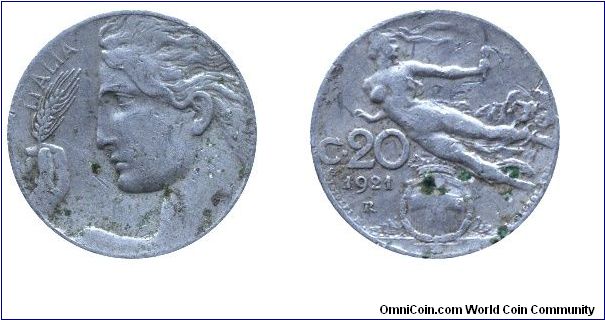 Italy, 20 centesimo, 1921, Ni, 21.5mm, 4g, MM: R (Rome), Liberta.                                                                                                                                                                                                                                                                                                                                                                                                                                                   