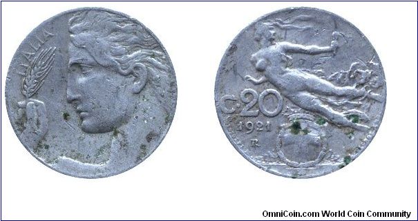 Italy, 20 centesimo, 1921, Ni, 21.5mm, 4g, MM: R (Rome), Liberta.                                                                                                                                                                                                                                                                                                                                                                                                                                                   