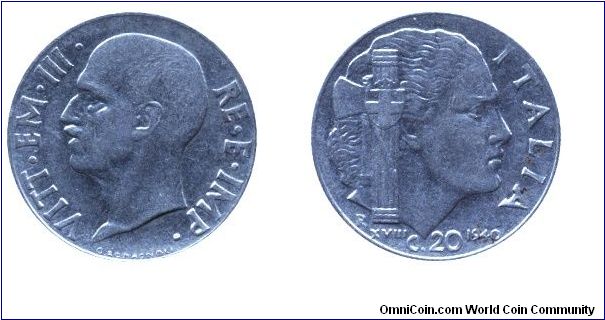 Italy, 20 centesimos, 1940, Ac, 21.7mm, 4g, MM: R, King Victor Emanuel III.                                                                                                                                                                                                                                                                                                                                                                                                                                         
