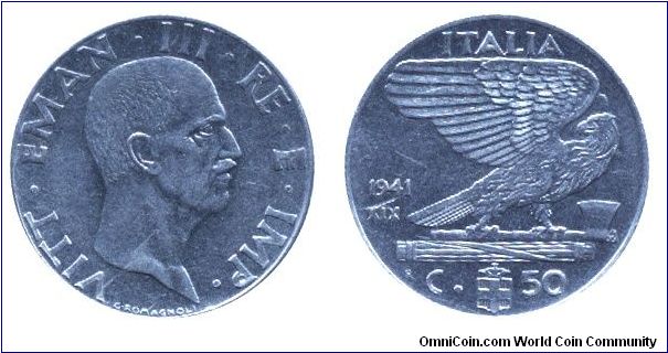 Italy, 50 centesimos, 1941, Ac, 24.1mm, 6g, MM: R, King Victor Emanuel III.                                                                                                                                                                                                                                                                                                                                                                                                                                         