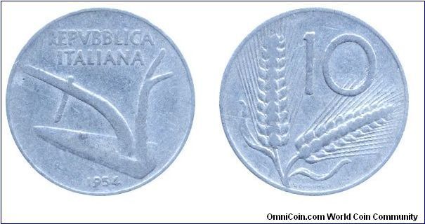 Italy, 10 liras, 1954, Al, 23.3mm, 1.7g, MM: R, Plough, Ears of Wheat.                                                                                                                                                                                                                                                                                                                                                                                                                                              