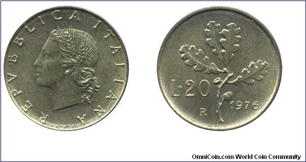 Italy, 20 liras, 1976, Al-Bronze, 21.3mm, 3.6g, MM: R, Oak twig.                                                                                                                                                                                                                                                                                                                                                                                                                                                    
