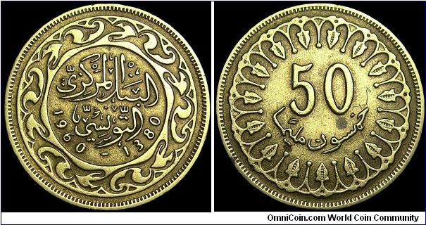 Tunisia - 50 Millim - AH1380 / 1960 - Weight 6,0 gr - Brass - Size 25 mm - President / Habib Bourguiba (1957-87) - Edge : Reeded - Reference KM# 308 (1960-97)