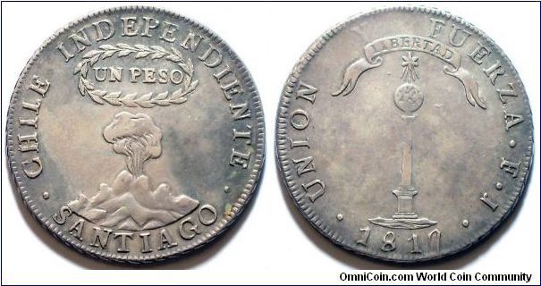 Santiago 1817-FJ Volcano Peso. Weak struck. Toned, Choice EF.