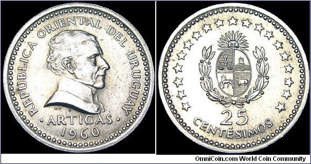 Uruguay - 25 Centesimos - 1960 - Weight 3,0 gr - Copper / Nickel - Size 18 mm - President / Benito Nardone (1960-61) - Obverse / José Gervasio Artigas Arnal (National hero) - Mintage 48 000 000 - Note : Medal rotation - Edge : Reeded - Reference KM# 40 (1960)
