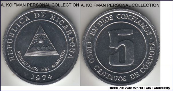 KM-28, 1974 Nicaragua 5 centavos; aluminum, reeded edge; FAO issue with the piramid reduced in size to accomodate PRODUZCAMOS MAS ALIMENTOS which I think was the call of the issue - PRODUCE MORE FOOD, bright uncirculated.