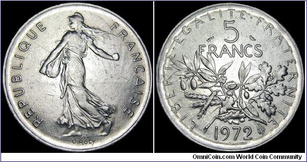 France - 5 Francs - 1972 - Weight 10 gr - Nickel-clad Copper - Size 29 mm - Obverse / The seed sower - President / Valéry Giscard Estaing (1974-81) - Designer / Louise Oscar Roty - Mintage 45 492 000 - Edge - Reeded - Reference KM# 926a.1 (1970-2000)
