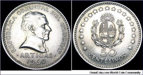 Uruguay - 50 Centesimos - 1960 - Weight 4,5 gr - Copper / Nickel - Size 22 mm - President / Benito Nardone (1960-61) - Obverse / José Gerviaso Artigas Arnal (National hero ) - Mintage 18 000 000 - Note : Medal rotation - Edge : Reeded - Reference KM# 41 (1960) 