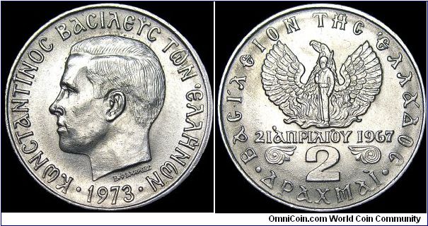 Greece - 2 Drachmai - 1973 - Weight 6,0 gr - Copper / Nickel - Size 22,9 mm - Ruler / Constantine II - Reverse / Soldier in front of Phoenix - Designer / Vassos Phalireas - Mintage 7 972 000 - Edge : Reeded - Reference KM# 99 (1971-73)