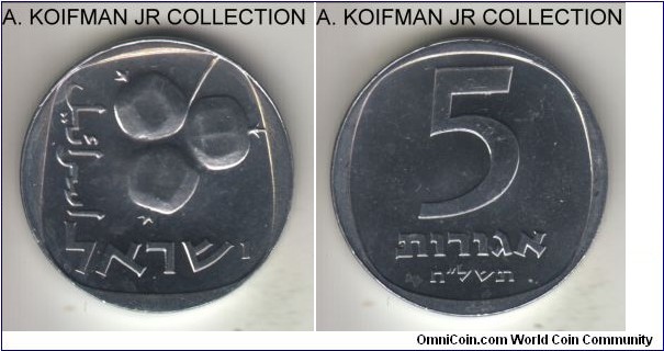KM-25b, Israel 1978 5 agorot, Ottawa mint; aluminum, plain edge; that year 5 agorot pieces minted in Ottawa can be distinguished by the polished, proof like look unlike the regular matte uncirculated aluminum mintage of Israel, interesting piece and while not scarce not common either, bright uncirculated.
