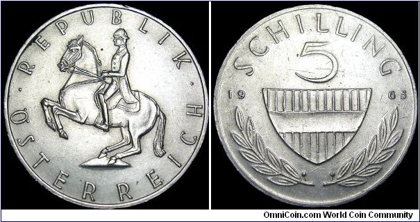 Austria - 5 Schilling - 1965 - Silvercoin 0,6400 Ag - Ag 0,1070 Troy Ounce - Weight 5,2 gr - Size 23,5 mm - President / Adolf Schärf (1957-65) - Designer Obverse / Hans Köttenstorfen - Designer Reverse / Josef Köblinger - Mintage 4 759 000 - Edge : Reeded - Reference KM# 2889 (1960-68)